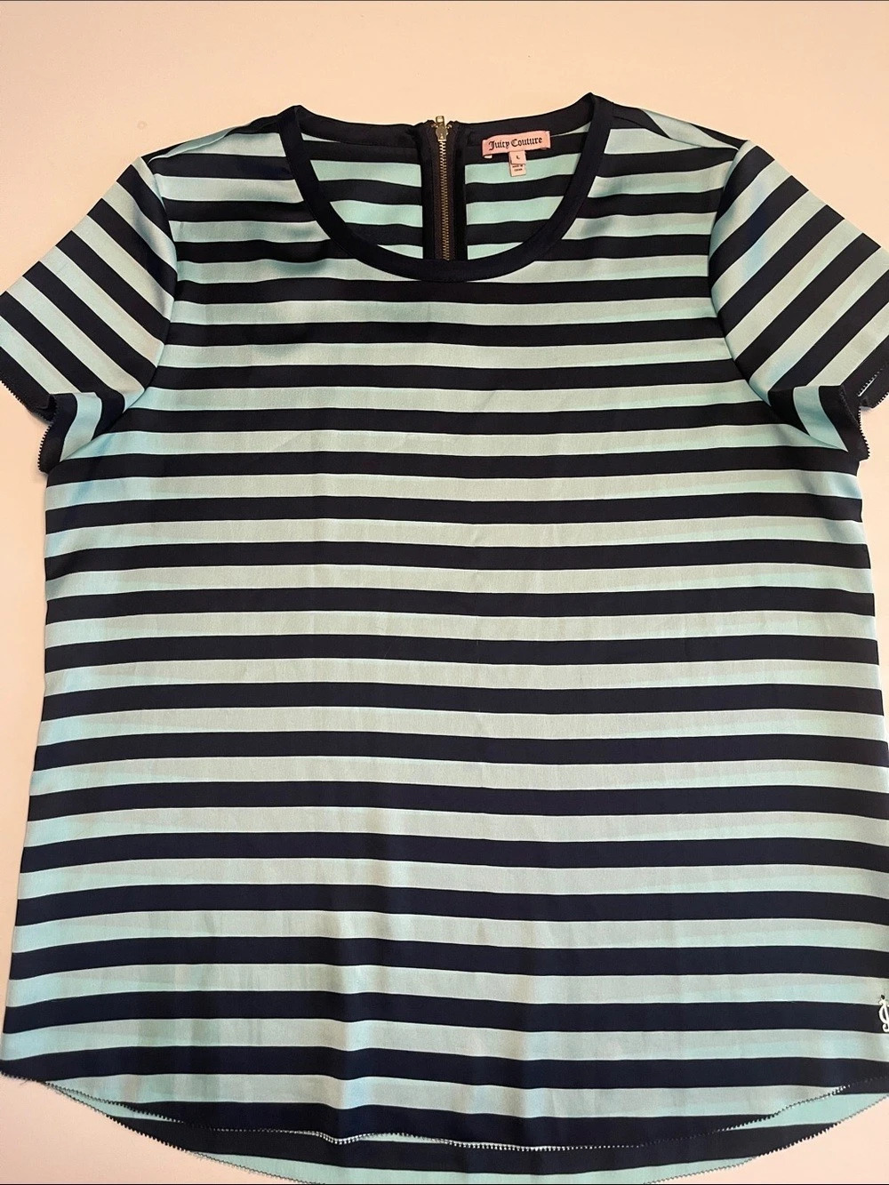 Juicy Couture Striped Short Sleeve Top in navy & turquoise Size L